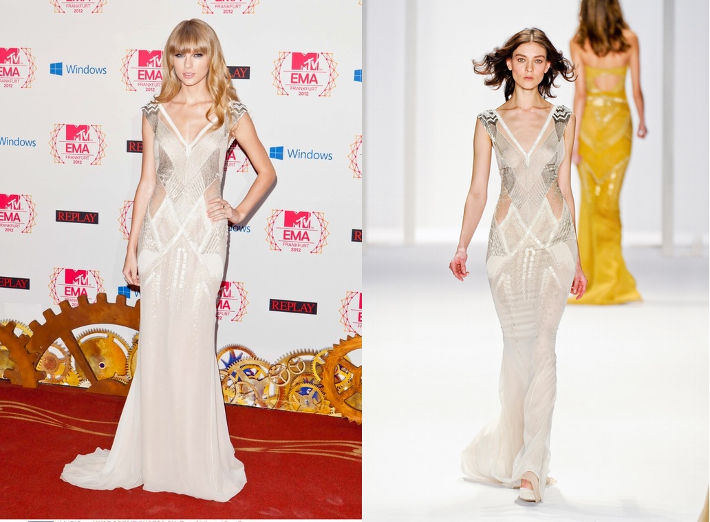 Taylor Swift w sukni J. Mendel na gali MTV EMA 2012 (fot. East News, Imaxtree)