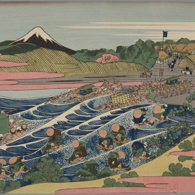Przeprawa przez rzekę Oi w Kanaya na drodze Tokaido,  Tokaido Kanaya no Fuji, z serii Trzydzieści sześć widoków góry Fuji,  Fugaku sanju-rokkei, między 1823-1829, ze zbiorów MNK