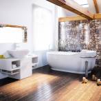 Nowoczesna łazienka - drewniane belki i podłoga, kamienna ściana i świeczki - macie ochotę na domowe spa?
fot. fotolia