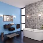 Nowoczesna łazienka - intensywnie niebieska ściana + surowy beton + podłoga o wyglądzie drewna - połączenie godne mistrza!fot. fotolia