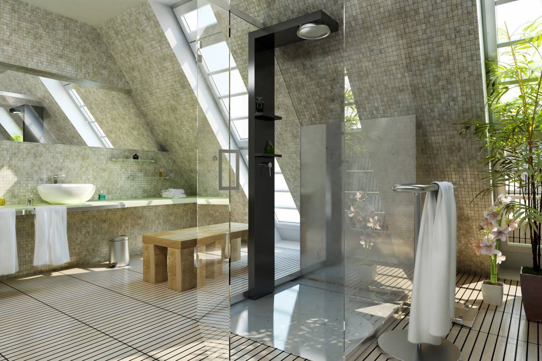 Nowoczesna łazienka - przestronna, przezroczysta kabina prysznicowa na środku pomieszczenia wygląda bardzo efektownie.fot. fotolia