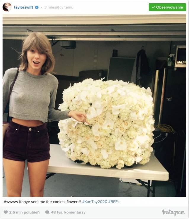 10 najpopularniejszych zdjęć na Instagramie w 2015 roku.
2. miejsce należy do Taylor Swift i kwiatów, które Amerykanka otrzymała od Kanye Westa. Post zdobył 2,6 miliony lajków
