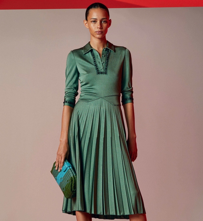 Zielona plisowana sukienka Bottega Veneta Resort 2018
