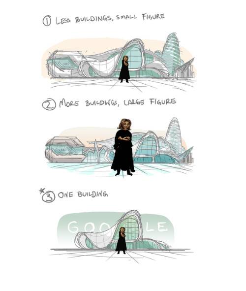 Tak wyglądały wersje dzisiejszego Doodle z Zahą Hadid na etapie projektowania, źródło: google.com/doodles/celebrating-zaha-hadid