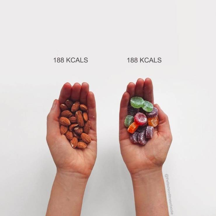 Licznik kalorii zdrowej żywności: garść migdałów vs garść landrynek