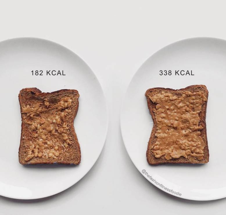 Licznik kalorii zdrowej żywności: tost z 15 g masła orzechowego vs tost z  40 g masła orzechowego