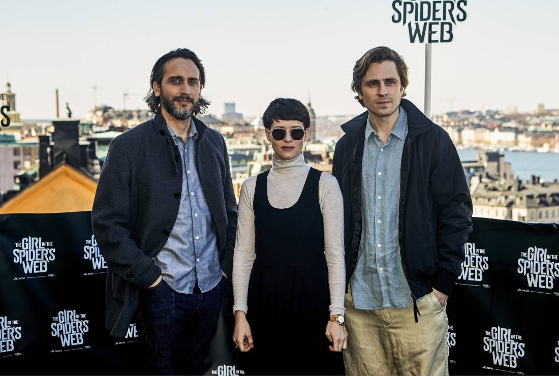 Fede Alvarez, Claire Foy i Sverrir Gudnason na konferencji prasowej dotyczącej filmu "The Girl in the Spider’s Web" w Sztokholmie, 13.04