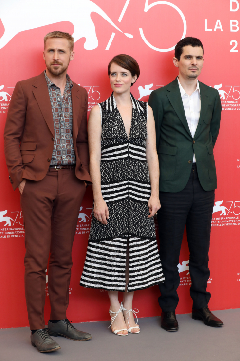 Ryan Gosling, Claire Foy i Damien Chazelle na konferencji prasowej dotyczącej filmu "First Man"