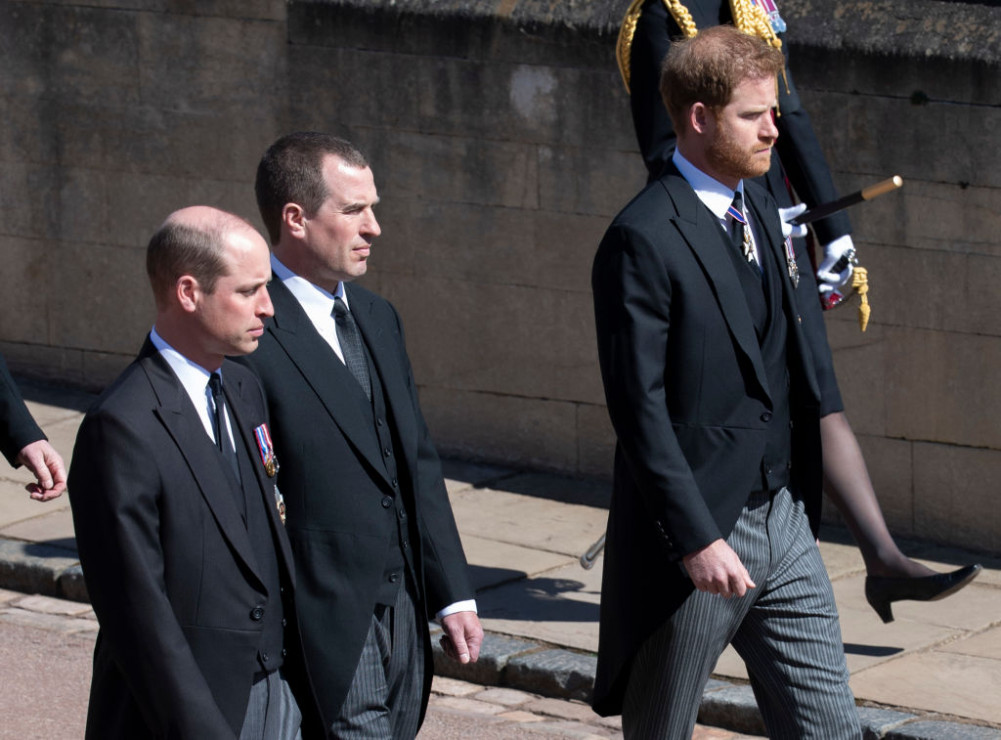 Książę William, Peter Phillips i książę Harry na pogrzebie księcia Filipa