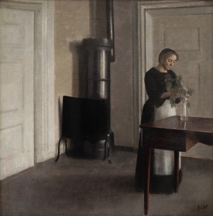 Vilhelm Hammershøi, Wnętrze z kobietą wkładającą gałęzie do wazonu, Strandgade 30,  1900, olej na płótnie, The Art Collection of Ambassador John L. Loeb Jr.