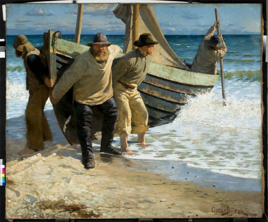 Oscar Björck (1860–1929, Szwecja) Wodowanie łodzi. Skagen 1884 olej, płótno Art Museums of Skagen